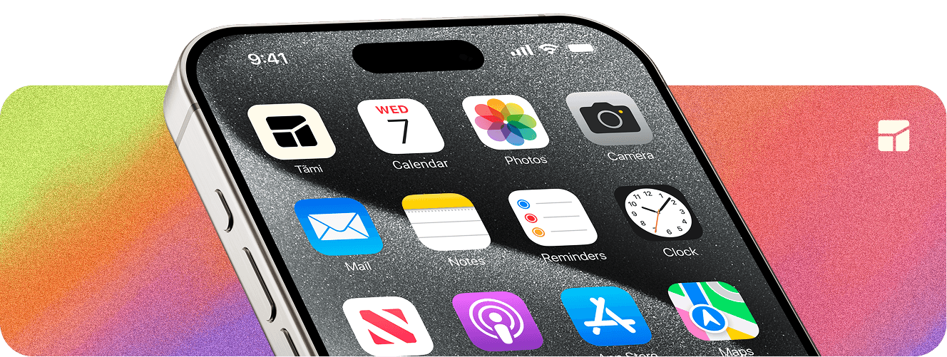 Aplicativo Tami no iPhone com fundo gradiente